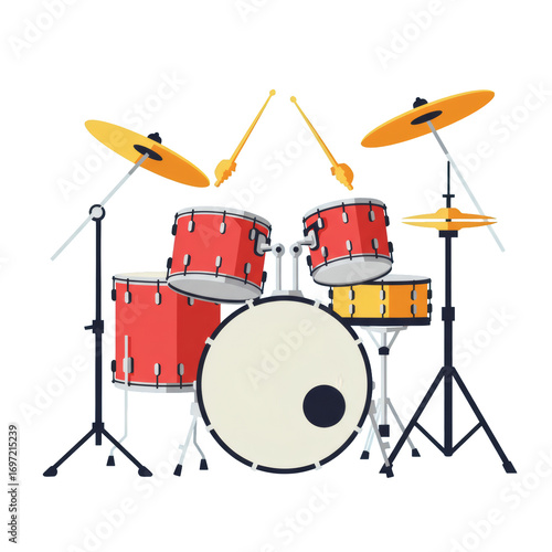 Vibrant Red and Yellow Drum Kit with Drumsticks and Cymbals.