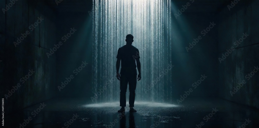 Fototapeta premium Silhouette of a lone figure standing under a shower, water cascading down, conveying feelings of sadness and solitude The dim lighting enhances the melancholic mood , dim, cascade, loneliness
