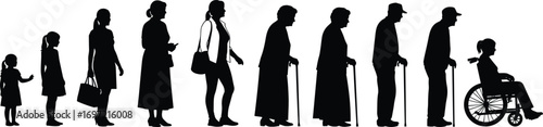 Human life stages, aging process, silhouette evolution, childhood to elderly, growth timeline, generational change, age progression, mobility decline, healthcare concept, lifespan journey