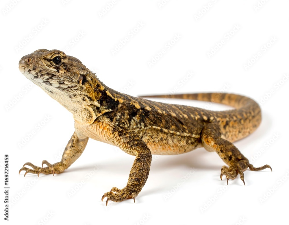 Fototapeta premium Striking portrait of a spiny lizard against a minimalist white backdrop