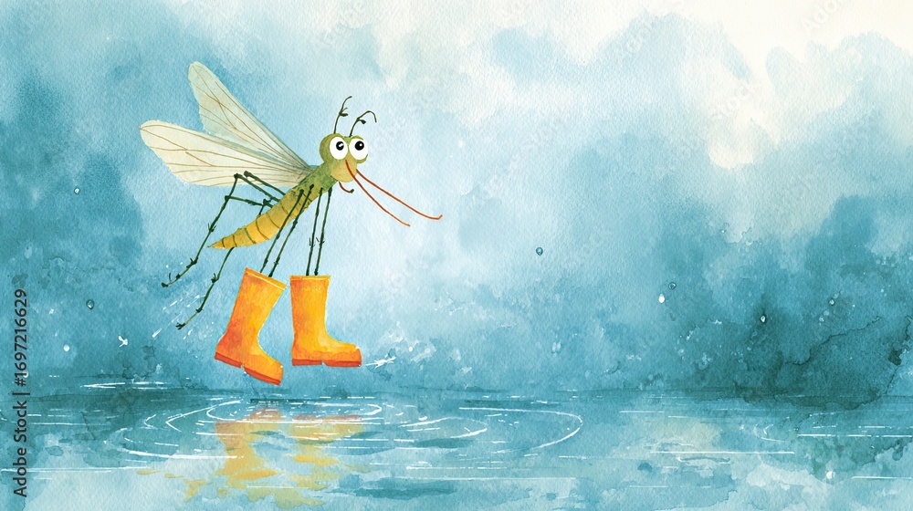 Fototapeta premium A cheerful mosquito wearing bright yellow boots splashes in a blue, watercolor scene, evoking a whimsical and lighthearted atmosphere.