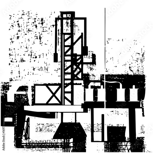 Vector Industrial structure with a derrick and platform.
