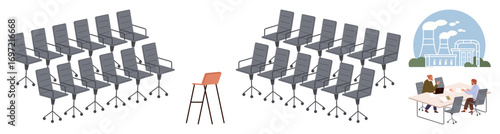 Row of identical office chairs contrasts with a distinctive orange chair, factory and office meeting in the background. Ideal for individuality, corporate culture, sustainability, innovation, office