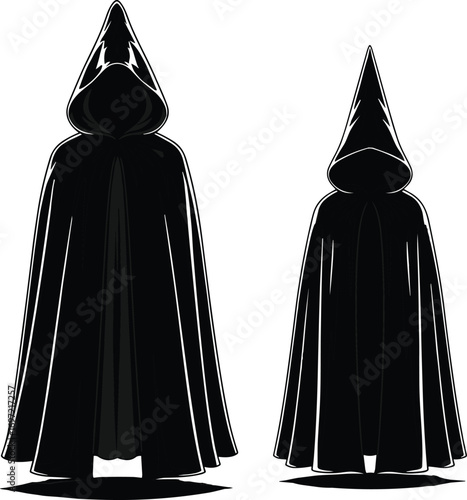 Mystical cloaked figures in dark robes, fantasy hooded silhouettes, gothic magic characters, mysterious shadows, enchanted sorcerers, dramatic blue highlights