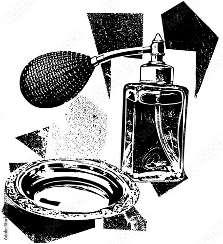 Vector Vintage perfume atomizer with silver tray.