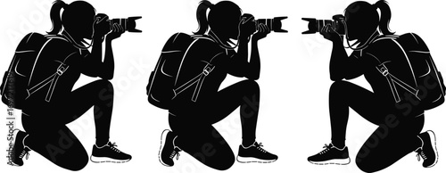 Photographer silhouette, crouching pose, camera action, travel gear, backpack, outdoor shoot, street photography, urban explorer, symmetry, repetition, creative composition, visual storytelling