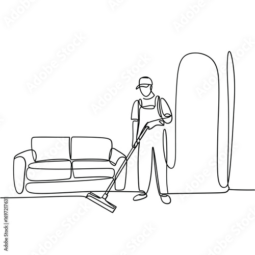 Cleaner with squeegee next to sofa and large vertical object