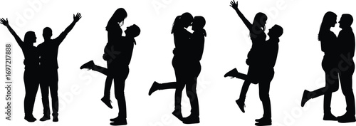 Romantic couple silhouette, love pose, affectionate embrace, passionate kiss, relationship moment, emotional connection, black shadow art, white background scene