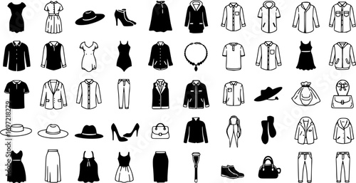 Fashion Icon Set with Clothing and Accessories, Apparel, and Outfits; an Illustration perfect for Fashion Designers, Boutiques
