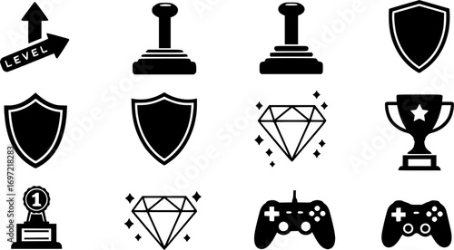 Gaming Icons Level Up, Joystick, Shield, Trophy, Diamond, Controller,
