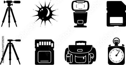 Photography Icons Tripod, Flash, Memory Card, Bag, and Stopwatch illustrating photographic equipment, in vector, digital era
