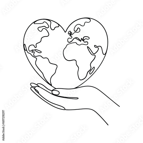 Hand holding a heart shaped earth in a continuous line drawing