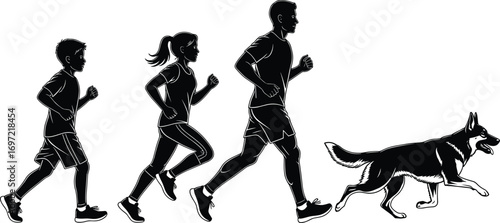 Running family silhouette, outdoor fitness, active lifestyle, dog jogging, healthy living, teamwork, motion, exercise, pet activity, energetic group, morning run