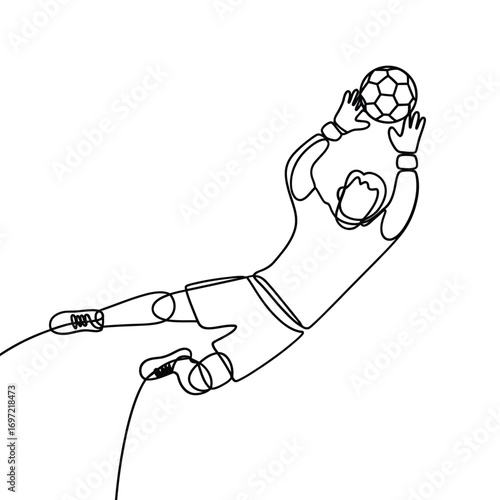 Continuous line drawing of a soccer goalkeeper catching a ball