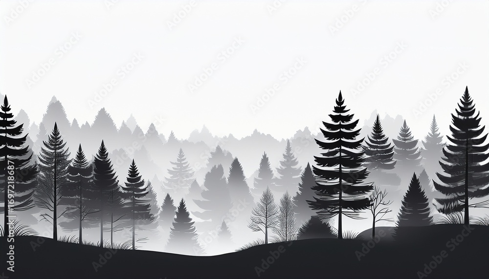 Obraz premium trees with a forest with misty fog in the air black and white silhouette outline style landscape background