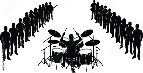 Silhouette drummer performance, live music crowd, concert atmosphere, rhythmic energy, musical instruments, artistic vibe, stage lights, band show, audience engagement, night event