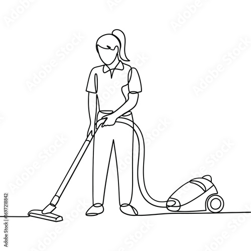 Woman in mask vacuuming with a modern vacuum cleaner