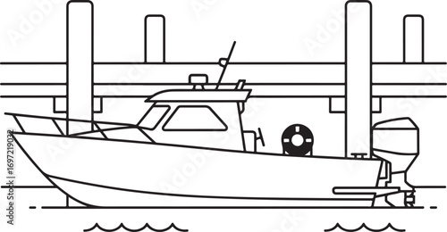 Stylized line art of a motorboat with a red lifebuoy docked in a marina