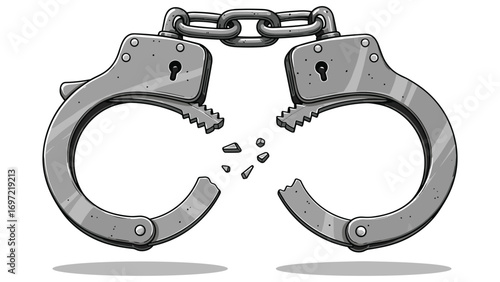Symbolic broken handcuffs drawing for freedom conceptual, liberation and justice themes artwork