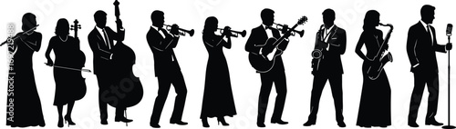 Silhouette of musicians performing, jazz band ensemble, classical instruments, live concert, artistic group, vintage microphone, elegant attire, music event, harmony