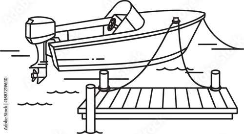 Line drawing of a small motorboat with an outboard engine, tied to a wooden dock.