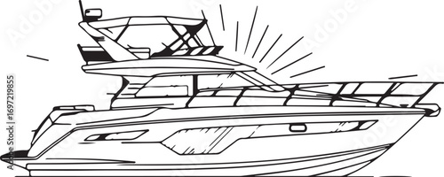 Elegant black and white drawing of a luxury yacht with subtle starburst lines.