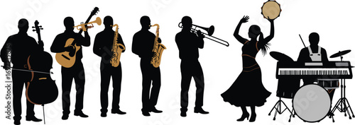 Silhouette, jazz band, musical instruments, live performance, dancing, rhythm, ensemble, stage, concert, energy, saxophone, trumpet, drums, keyboard, tambourine, harmony, groove