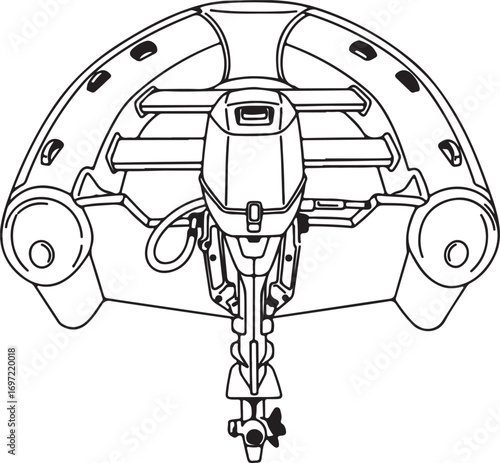  Detailed outline drawing of the stern view of a small inflatable boat with an outboard motor, on a white background