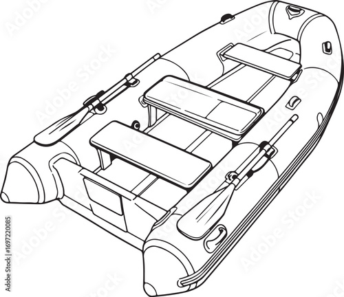 Detailed black and white line drawing of a small inflatable boat with oars and seating benches.