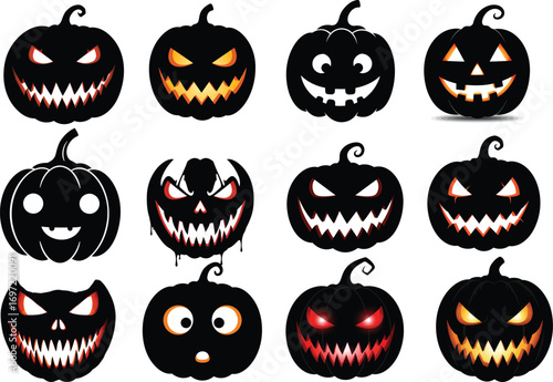 Evil pumpkin face with V-shaped eyes and spiked grin in solid black silhouette design