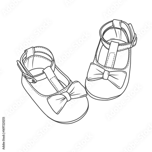 A charming line art illustration of baby shoes, adorned with delicate bows and ankle straps, perfect for nursery decor or baby-themed designs.