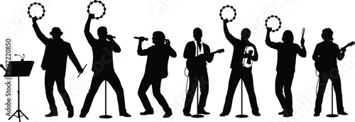 Silhouette, musicians, live performance, stage, concert, band, instruments, energy, tambourine, guitar, microphone, singing, rhythm, entertainment, crowd, spotlight, teamwork