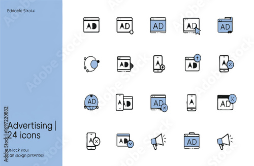 Collection of 24 Advertising Icon Designs Perfect for Promotional Materials and Digital Marketing Content