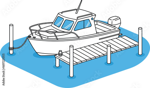 Simplified black and white drawing of a fishing boat tied to a wooden dock.