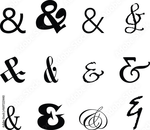 Ampersand icon set modern vector illustration designed with elegant curves, minimal balance, and timeless typographic style, representing the universal symbol of “and” widely used in design, branding,