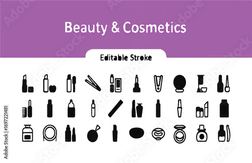 Elegant Black and White Line Art Icons for Beauty, Personal Care, and Wellness Essentials, Featuring a Comprehensive Set of Cosmetic Tools and Daily Routine Symbols