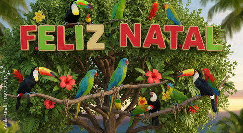 Feliz natal christmas greeting with tropical birds toucans and parrots in a festive holiday illustration vector