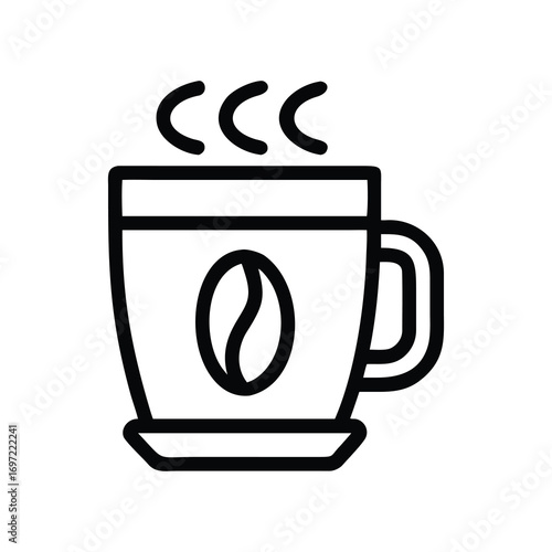 Steaming Coffee Mug Icon with Bean, Freshly Brewed Drink Symbol