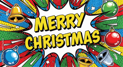 Download merry christmas pop art vector illustration with christmas ornaments and bells for holiday season vector