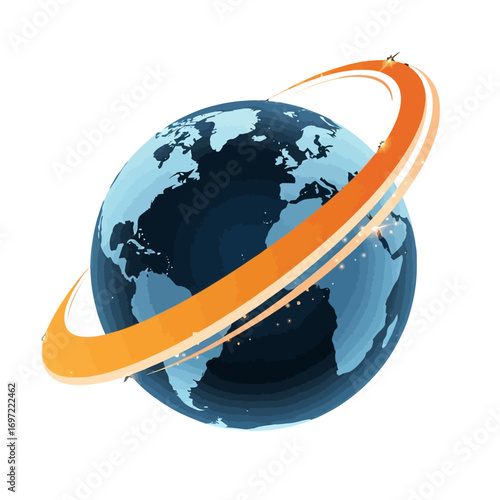 A stylized globe with an orange orbit, symbolizing global travel and connectivity