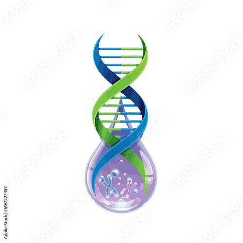 Colorful DNA helix inside a laboratory flask with bubbles, symbolizing scientific research and innovation