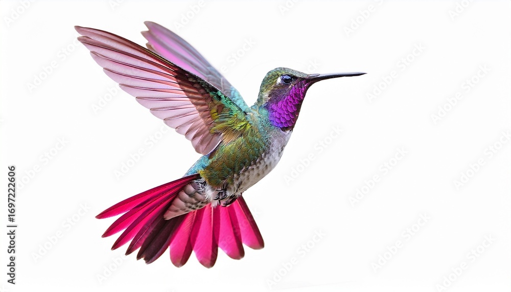Obraz premium vibrant hummingbird in flight with iridescent feathers and pink wing details isolated on white background