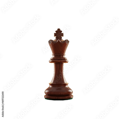 A beautifully crafted wooden chess king piece standing alone against a white background