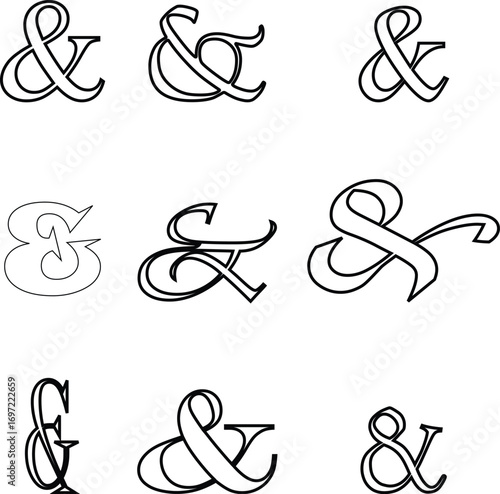 Ampersand icon set modern vector illustration designed with elegant curves, minimal balance, and timeless typographic style, representing the universal symbol of “and” widely used in design, branding,