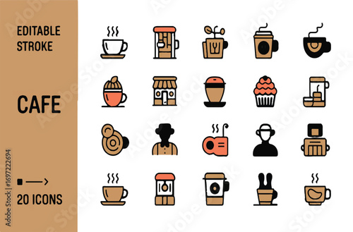 Cafe icons for coffee shop business, featuring steaming cups, beans, barista, and payment methods, suitable for menus and branding