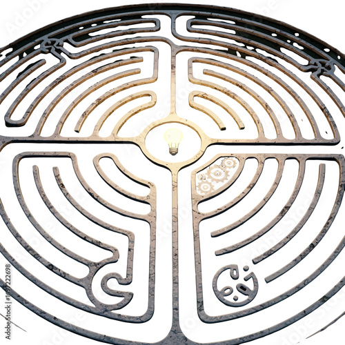 Intricate labyrinth design with a glowing light bulb at the center, symbolizing ideas and creativity