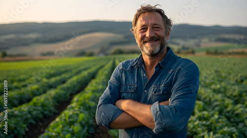 Portrait of smiling farmer standing in cultivated field with arms crossed at sunset