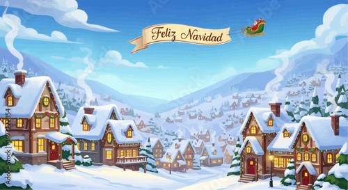 Download christmas village winter scene with santa claus sleigh vector illustration for free project use vector