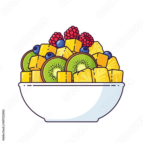 Colorful fruit salad bowl with kiwi, pineapple, blueberries, and raspberries against a white background
