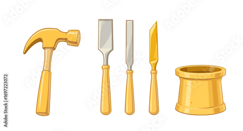 Golden tools collection for woodworking and carpentry.